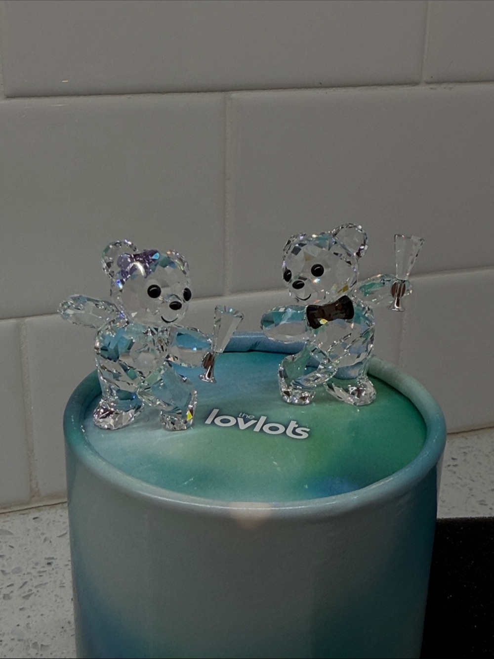 Swarovski Lovlots Crystal Bear Couple Figurines with Champagne Glasses - Clear